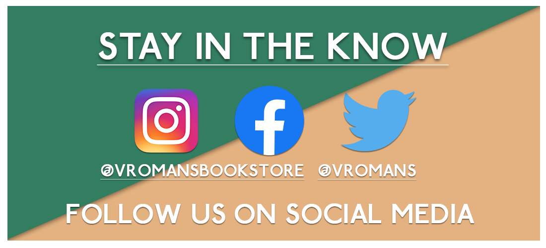 Image of banner advertising Stay In The Know with clickable links to Vroman's Instagram, Facebook and Twitter accounts